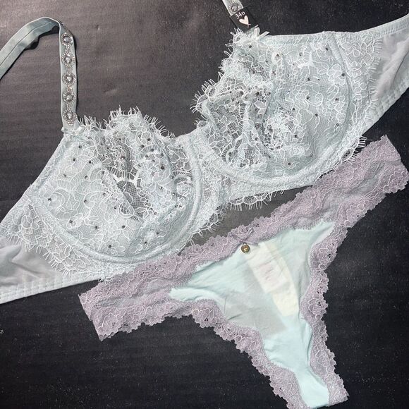 Victoria's Secret unlined 34D BRA SET XS thong BLUE lace gray silver SHINE STRAP